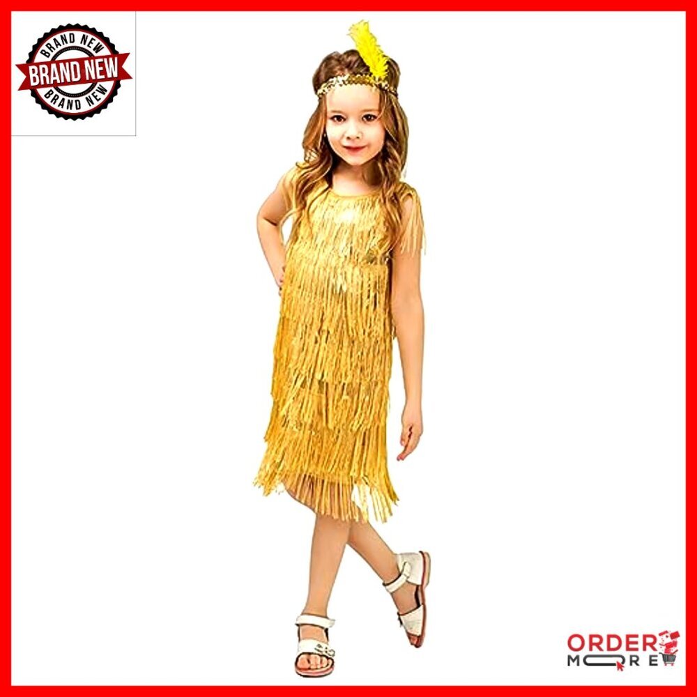 Girls Sequin Tassel Fringe Flapper Dress Latin Dance Costume with Feather - Picture 2 of 3
